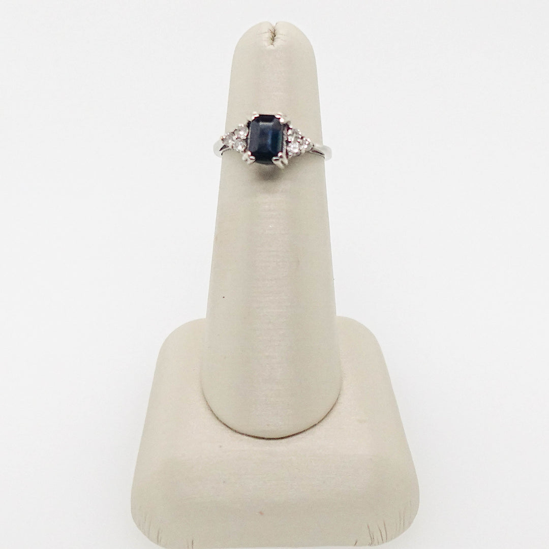 Blue Sapphire Emerald Cut Stone with Diamonds Ring