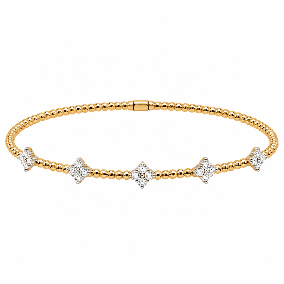 White and Yellow Gold Beaded Flex Bangle with Diamond Clovers