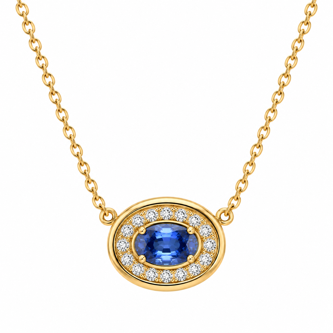 Sapphire Necklace with Diamond Halo