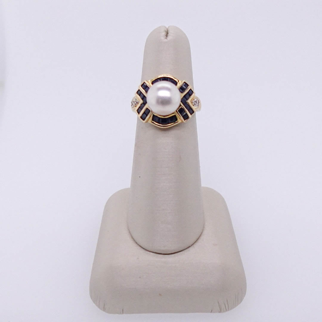 Pearl and Channel-Set Sapphire Ring