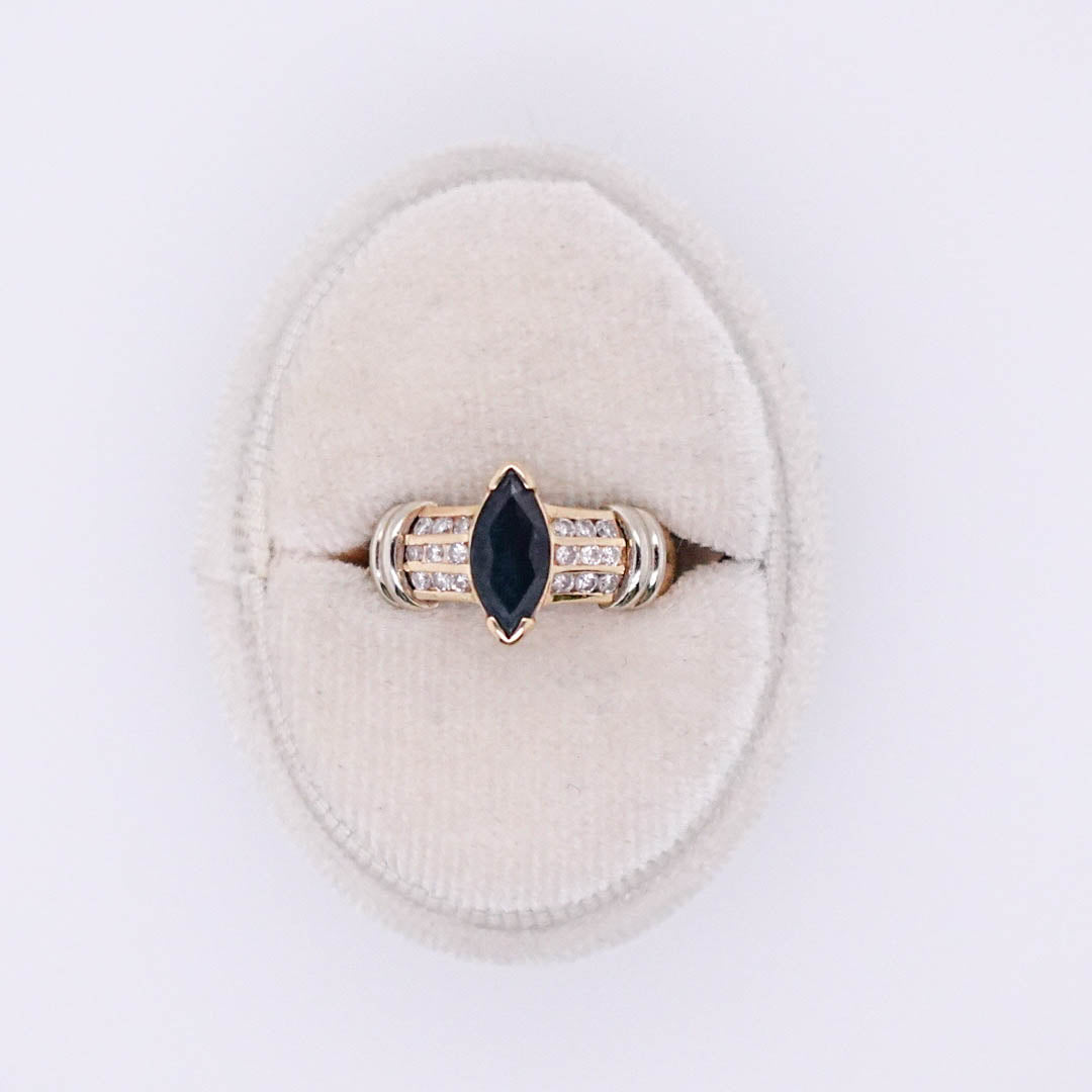 Two Tone Marquise Sapphire Ring with Diamond Detail