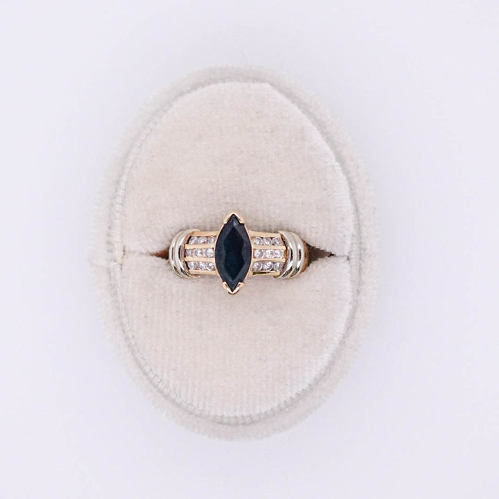 Two Tone Marquise Sapphire Ring with Diamond Detail