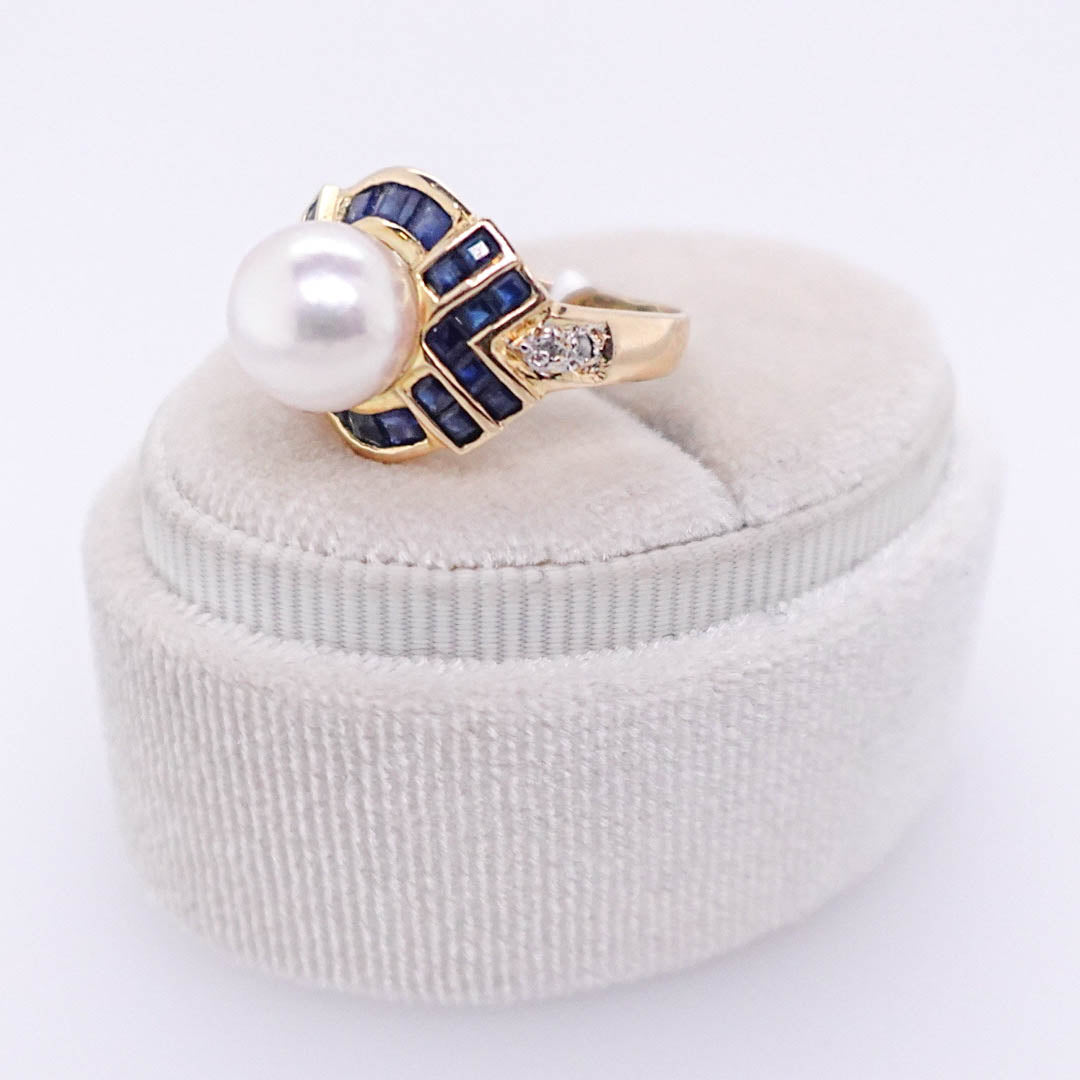 Pearl and Channel-Set Sapphire Ring