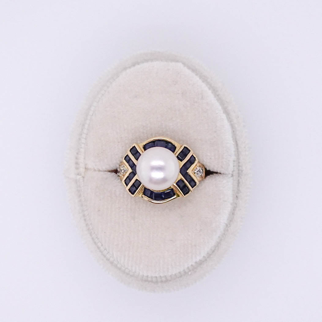 Pearl and Channel-Set Sapphire Ring