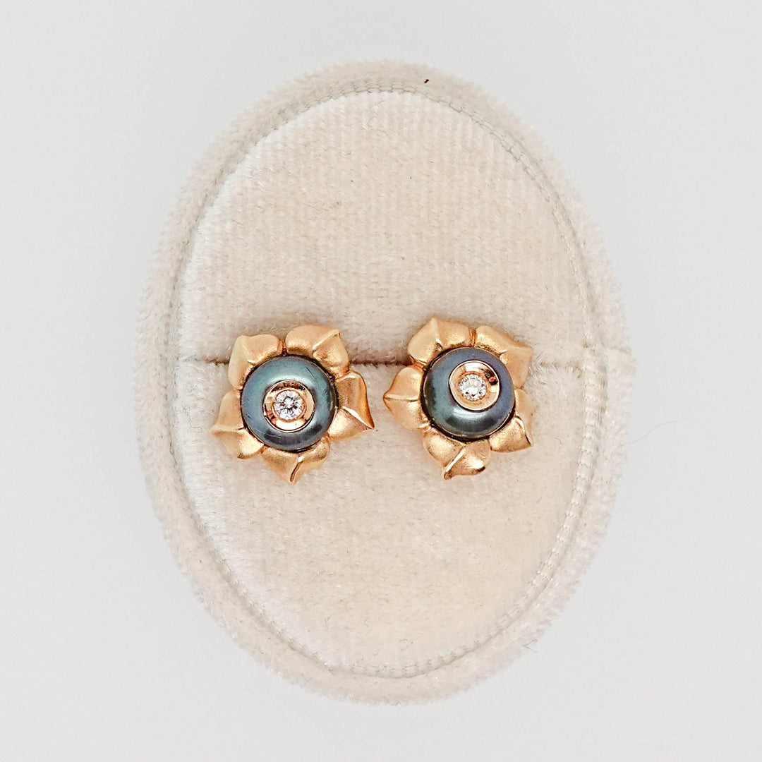 Black Pearl and Diamond Flower Studs - Acadian Estates &amp; CustomEarrings