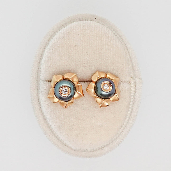 Black Pearl and Diamond Flower Studs - Acadian Estates &amp; CustomEarrings