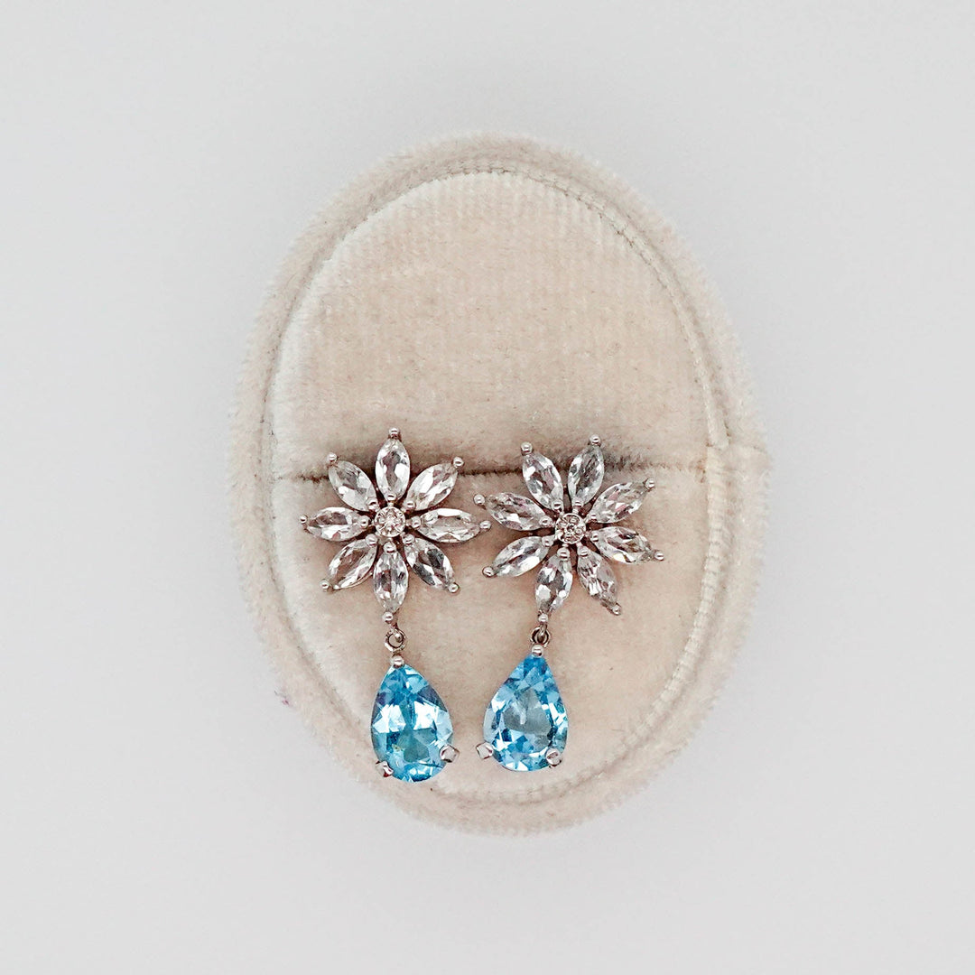 Clear and Blue Stone Flower Drop Earrings - Acadian Estates & CustomEarrings