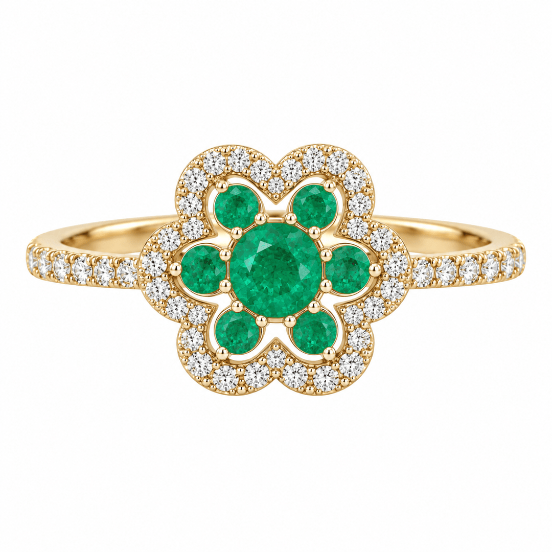 Diamond and Emerald Flower Ring - Acadian Estates & CustomRing