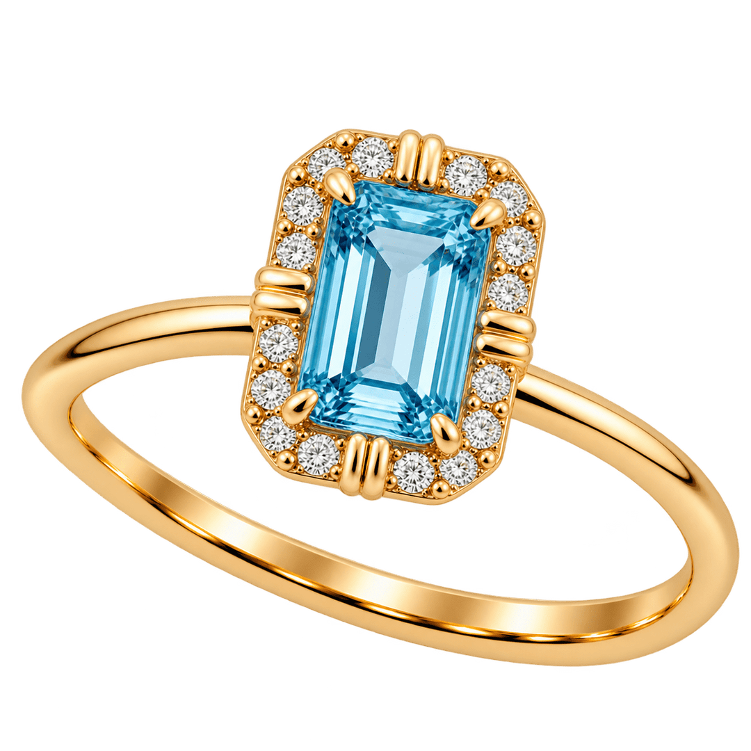 Emerald Blue Topaz Ring with Diamond Halo - Acadian Estates &amp; CustomRing