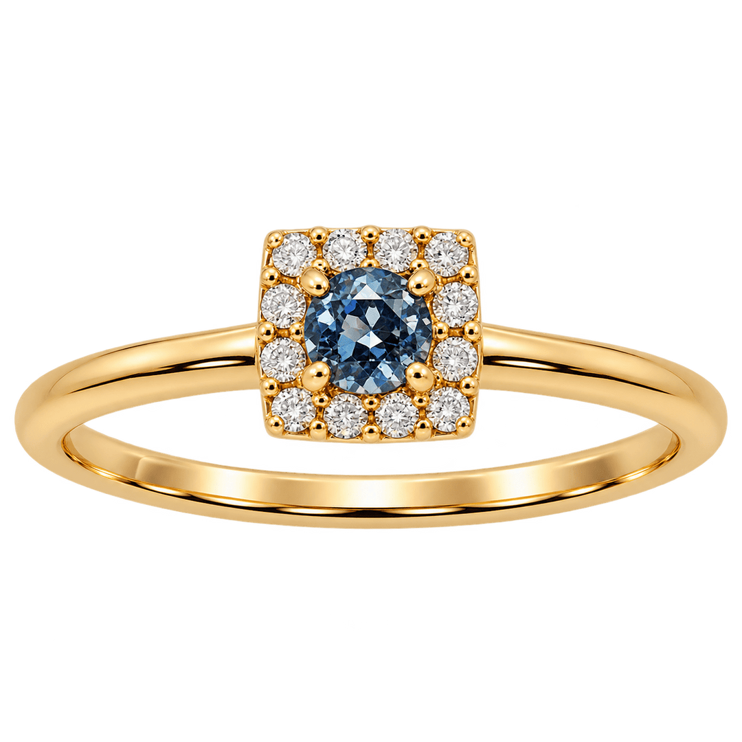 London Blue Topaz Ring with Diamond Halo - Acadian Estates &amp; CustomRing