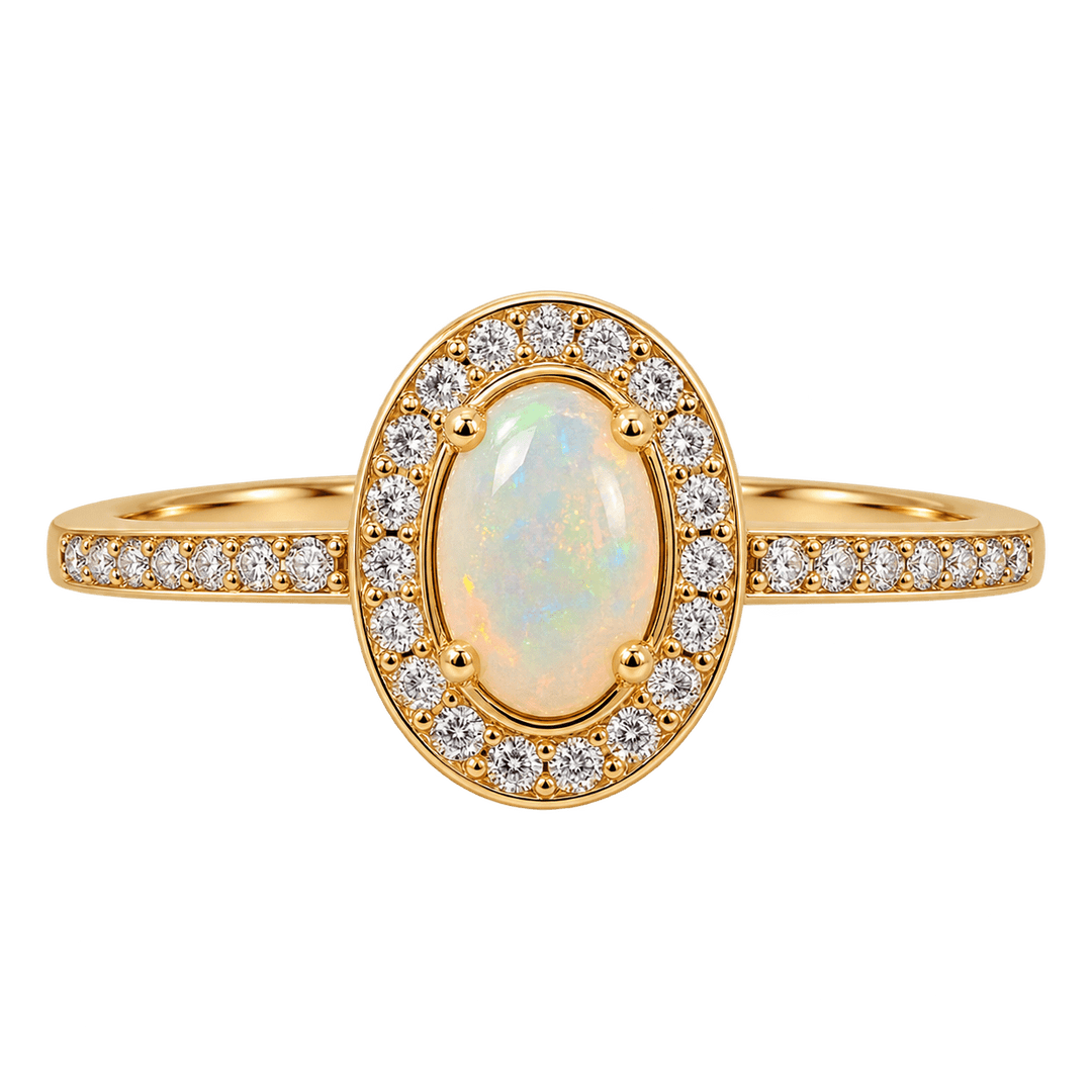 Opal Ring with Diamond Halo - Acadian Estates & CustomRing
