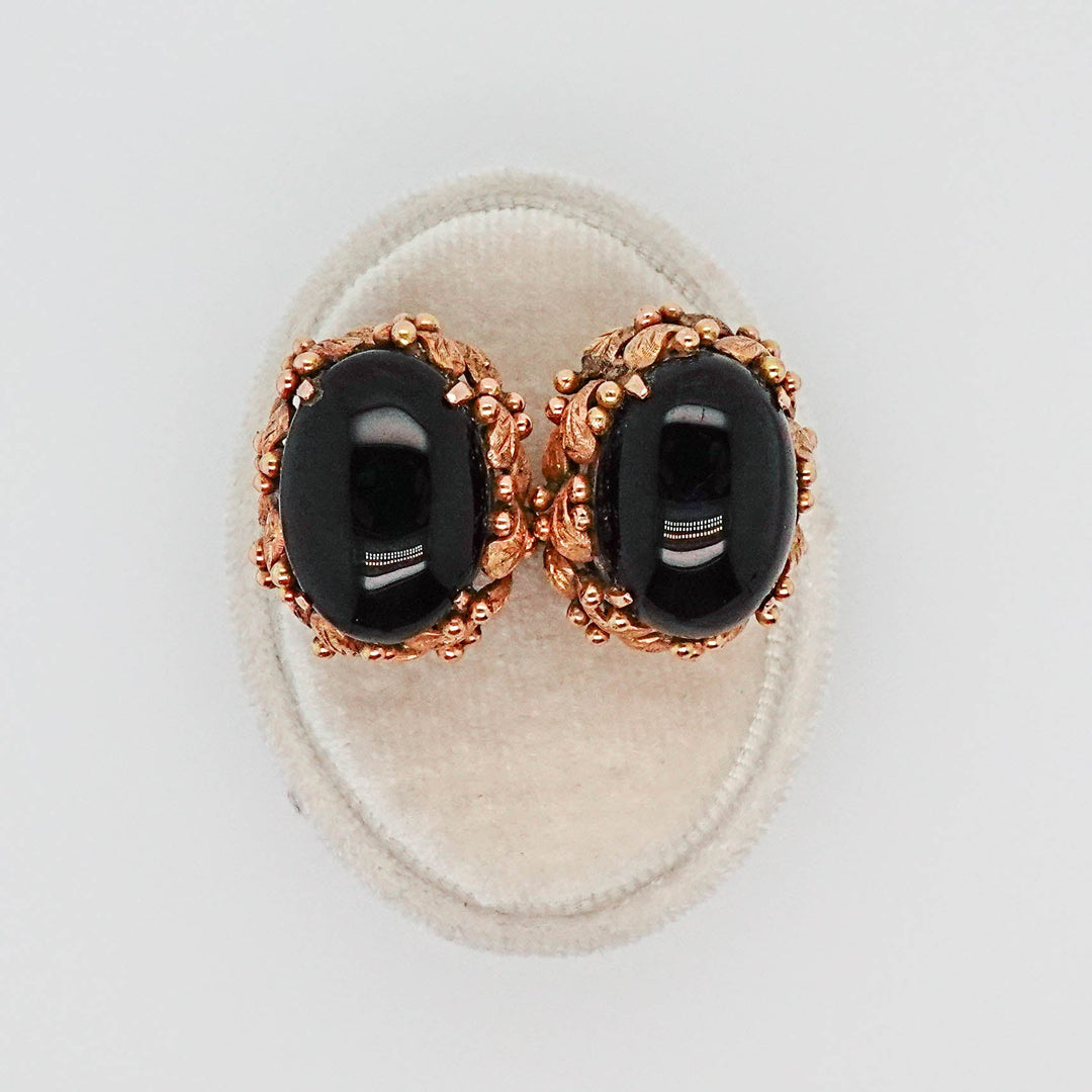 Oval Onyx Earrings with Leaf Detail - Acadian Estates & CustomEarrings
