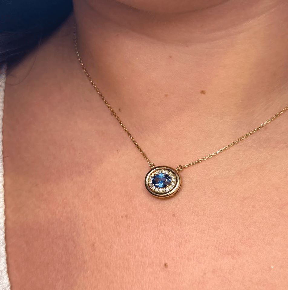 Sapphire Necklace with Diamond Halo - Acadian Estates &amp; Customnecklace