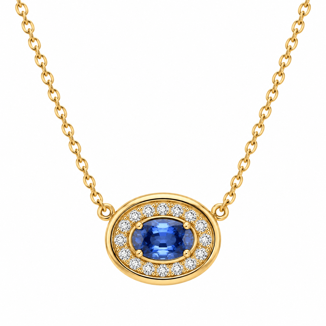 Sapphire Necklace with Diamond Halo - Acadian Estates & Customnecklace