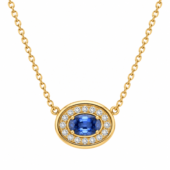 Sapphire Necklace with Diamond Halo - Acadian Estates &amp; Customnecklace