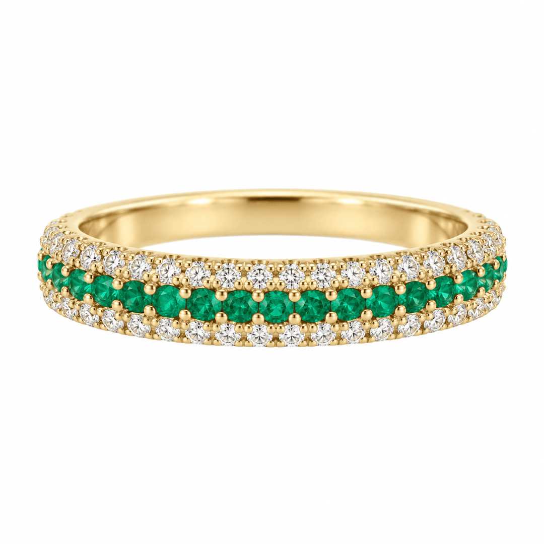 Triple Row Diamond and Emerald Ring - Acadian Estates & CustomRing