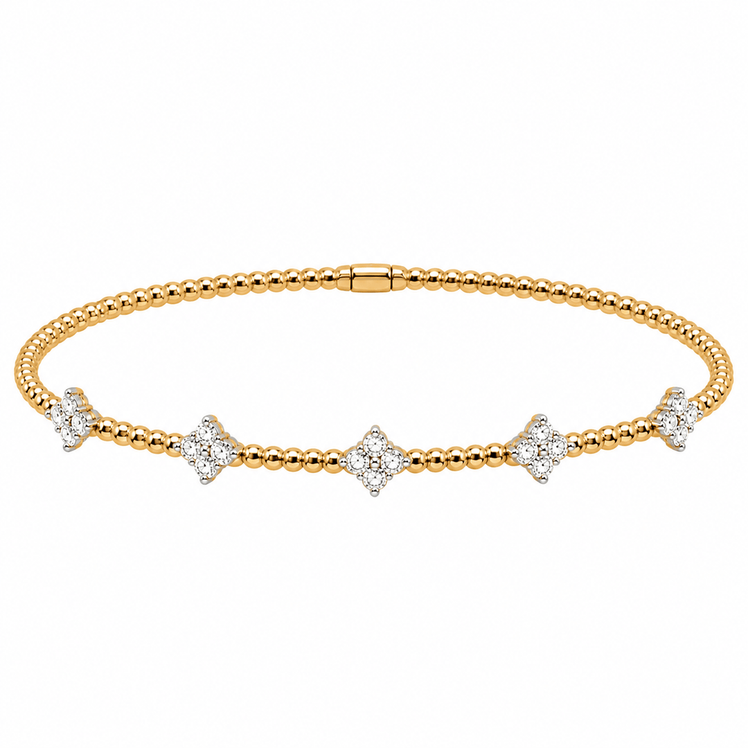White and Yellow Gold Beaded Flex Bangle with Diamond Clovers - Acadian Estates & CustomBracelet